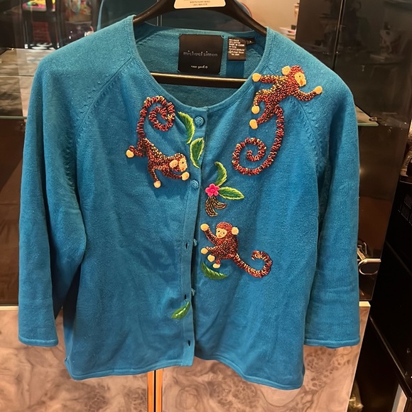 Michael Simon turquoise Large cardigan w/ beaded monkeys - Excellent condition - Picture 1 of 8
